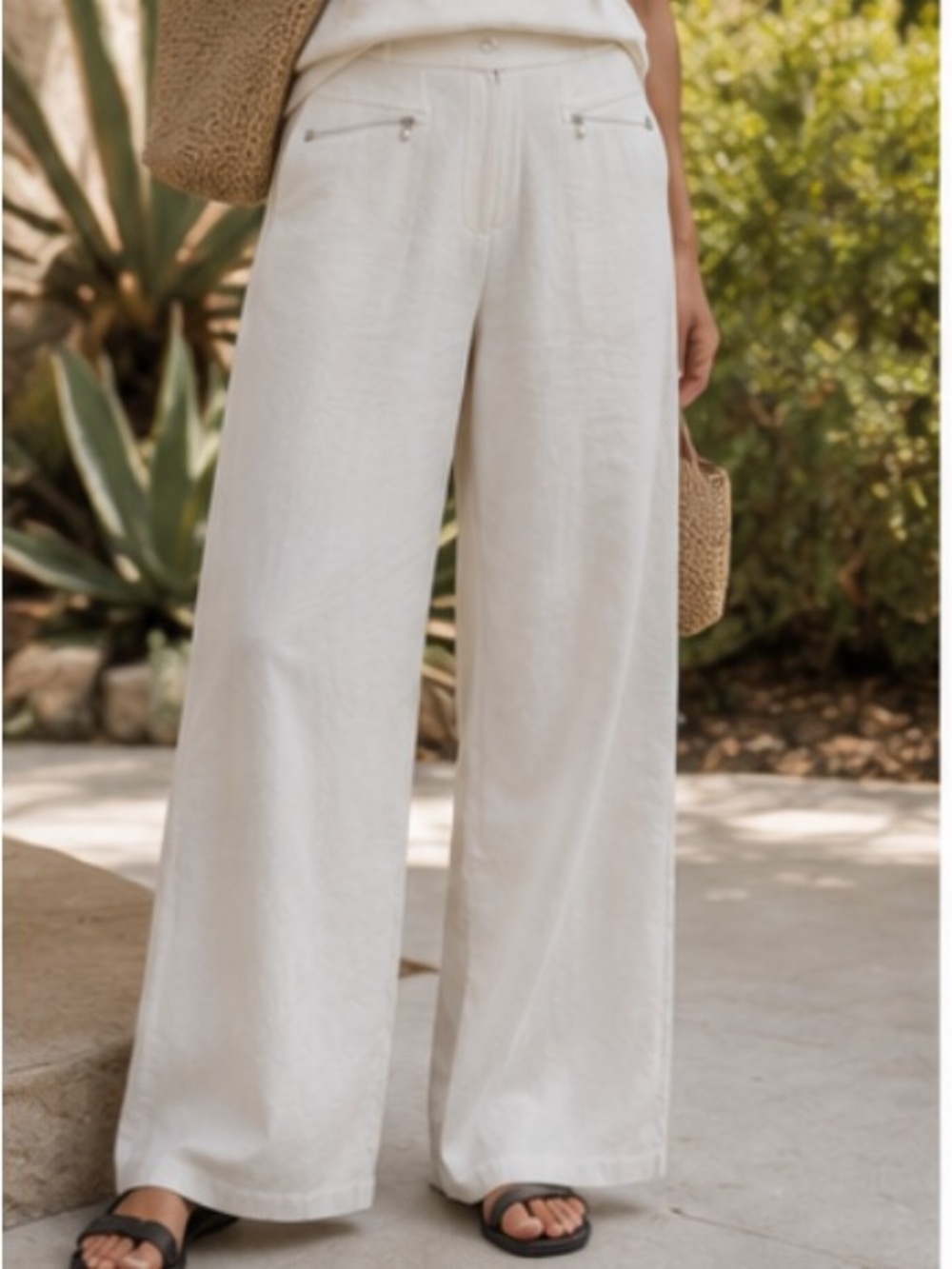 Eileen Fisher Light Ivory Linen Viscose Wide Leg Pant Relaxed Fit Trousers Sz M - Picture 8 of 14